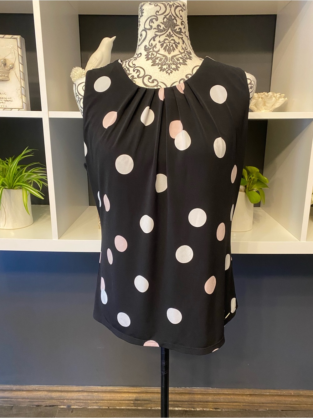 Calvin Klein Draped Sleeveless Tank With Cream and Light Pink Polka Dots Size S
